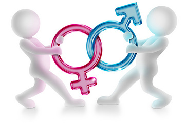 los dos símbolos para varón y hembra son tirados en direcciones contrarios por dos figuras que representan a los dos sexos.