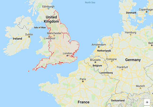 En este mapa se ven la mayor parte del Reino Unido, Irlanda y porciones de Francia, Alemania, Dinamarca y Suecia.