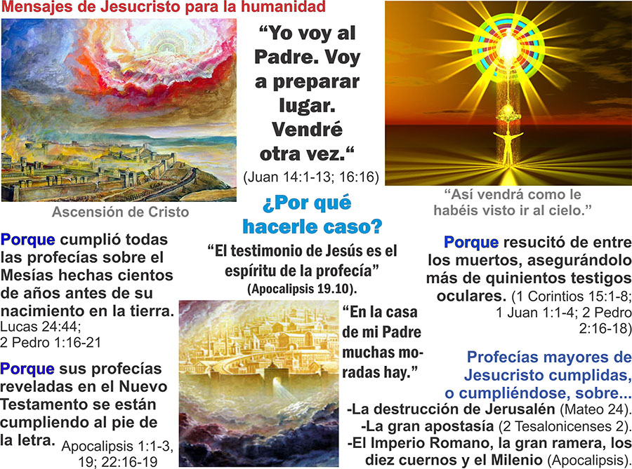 Imagen-diapositiva, con múltiples textos y gráficas para el tema Promesas y profecías de Jesucristo: Voy al Padre, voy a preparar lugar, vendré otra vez, en editoriallapaz.org.