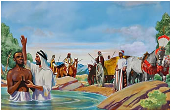 Felipe bautiza al eunuco, funcionario de Candace reina de los etíopes.