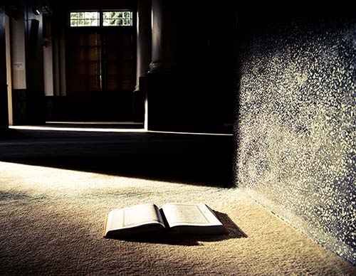Una Biblia abierta colocada en el piso frente a una puerta abierta ilustra el tema El conocimiento bíblico y espiritual: embellecerlo, compartarlo, usarlo, en editoriallapaz.