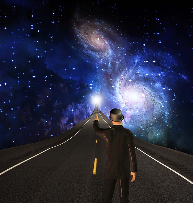 En esta intrigante y espectacular gráfica, un varón parado en un camino derechito señala hacia una luz brillantísima al final en la distancia, entre galaxias, ilustración para el tema ¡Por este camino para el cielo!, en editoriallapaz.