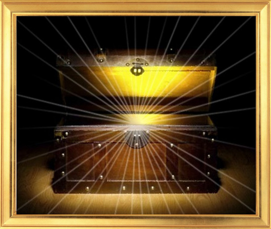 Esta gráfica de un gran cofre del cual emana de caja, reflejándose en el interior de la tapa, una luz dorada, ilustra la ceremonia de boda El gran tesoro de la vida matrimonial, en editoriallapaz.org.
