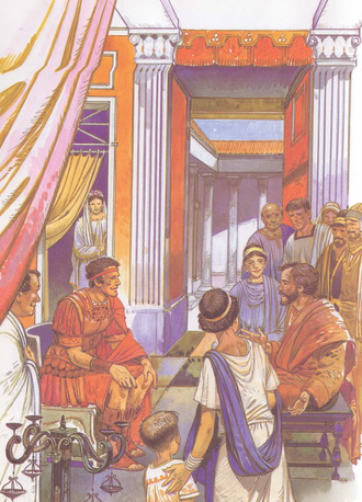 El apóstol Pedro expone el evangelio a Cornelio, su familia y amigos, ilustración para el comentario de McGarvey sobre Hechos 10:34-48, en editoriallapaz.
