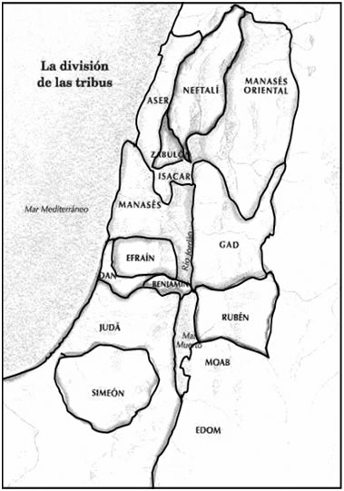 Un mapa de Israel muestra la ubicación de los territorios que correspondían a las doce tribus según la determinación de Dios.