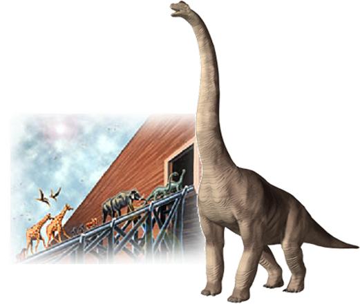 Esta gráfica de un dinosaurio enorme cerca del arca de Noé ilustra el tema ¿Dinosaurios en el arca?, en editoriallapaz.