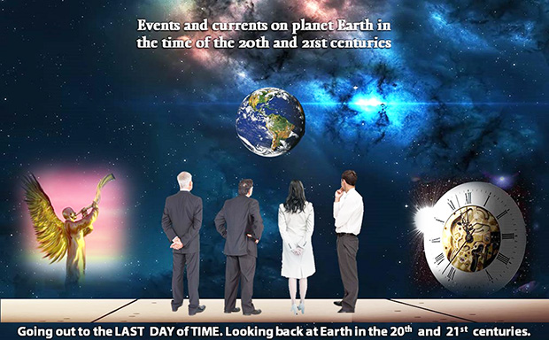 This composite image of planet Earth against a background of space with four people standing on a platform at a distance in front of it and flanked on the left by the Seventh Angel and on the right a large clock illustrates the subject the Last Day of Time.