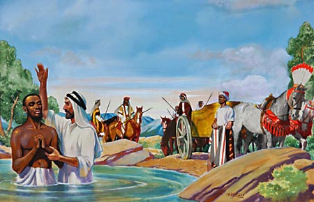 Es esta escena, el evangelista Felipe bautiza por inmersión al tesorero del reino de Etiopía, ilustración para el comentario por McGarvery sobre Hechos en editoriallapaz.