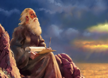 Esta pintura que representa al anciano apóstol Juan sentado sobre rocas y con un rollo escrito ilustra Comentarios bíblicos: 3 Juan, en editoriallapaz.