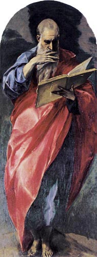 Esta pintura que representa al apóstol Juan de pie, leyendo un manuscrito, ilustra Comentarios bíblicos: 1 Juan, en editoriallapaz.