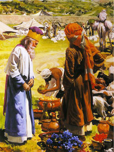 En esta pintura, algunos israelitas entregan diezmos y ofrendas para el sostenimiento de la tribú sacerdotal de Leví, ilustración para el estudio pormenorizado sobre Los diezmos: una verdad irrefutable, por Daniel Neveu.
