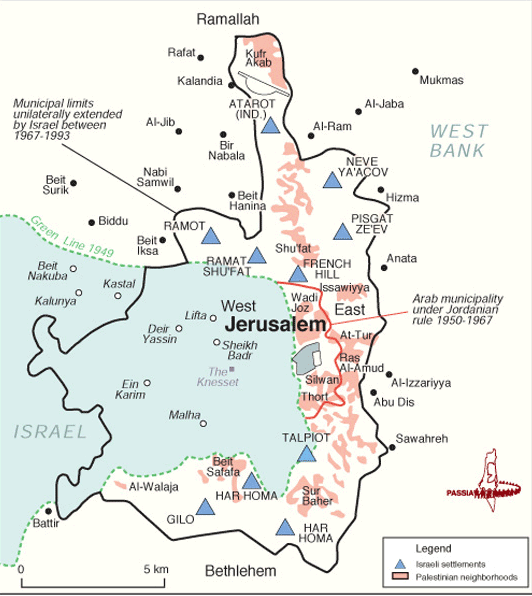 Mapa de Jerusalén después de la unificación de la ciudad efectuada en 1967, con los límites extendidos indicados por una línea negra, para el estudio Jerusalén, la terrenal, del tema Tres ciudades, de la serie Dos tierras, tres ciudades y cuatro templos, en editoriallapaz.