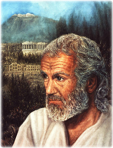 Una pintura que representa al apóstol Pablo frente a un escenario de la ciudad de Corinto.