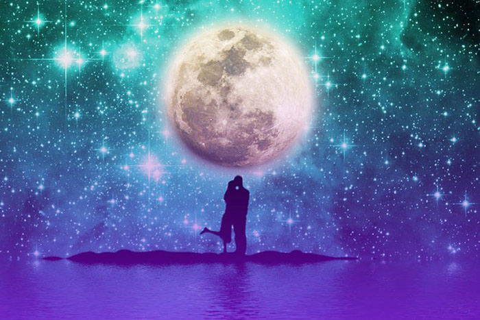 A couple standing on an island below a large sphere against a background of space illustrates the article Can you tell me what love is, in editoriallapaz.org.