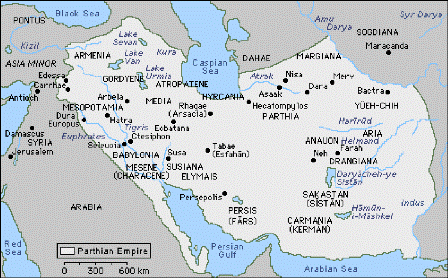 Mapa. Imperio Parto. Para ubicar los lugares de los hechos relatados en este documento, localizar los nombres BABYLONIA y MESOPOTAMIA en el lado izquierdo del área clara que delinea los límites del Imperio Parto. Un poquito arriba de BABYLONIA se ven los nombres de las ciudades Seleucia y Ctesiphon. Las ciudades Naarda y Nisibis se encontraban cerca. La ciudad Ecbatana, al noreste de Ctesiphon, era capital del Imperio Parto. Seleucia es donde cincuenta mil judíos fueron muertos.
