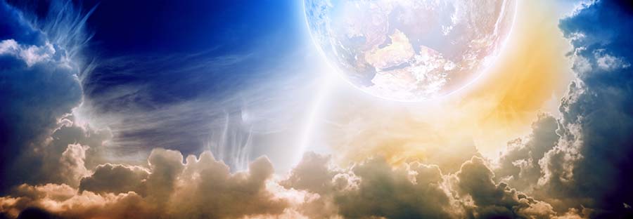 En esta bella gráfica se asoma una esfera celestial que simboliza la tierra nueva con cielos nuevos, ilustración para el mensaje-sermón Seis deseos fervientes, aun siete, en editoriallapaz.org