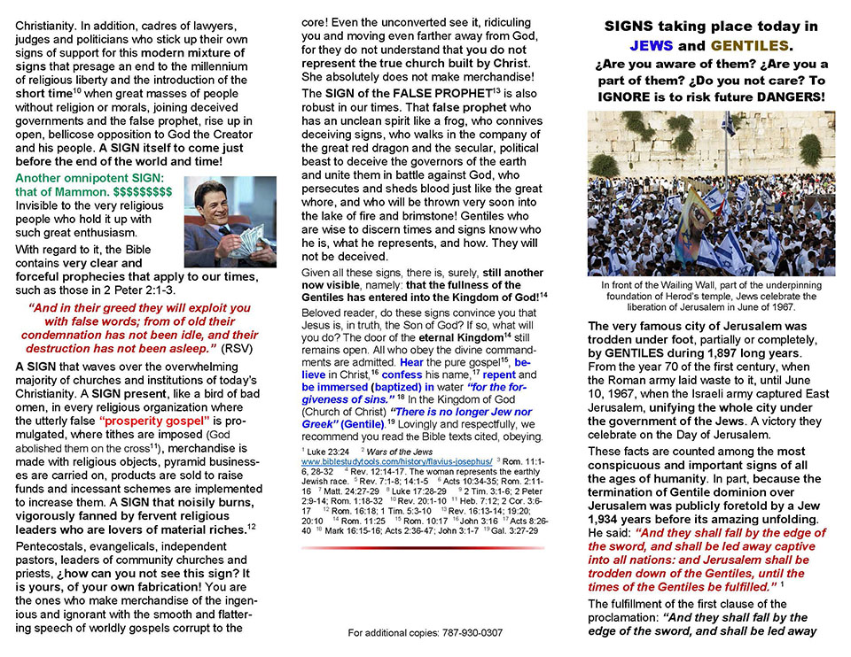 This jpeg image is of Side A of the subject in tract format Signs Taking Place Today in Jews and Gentiles, in editoriallapaz.org.