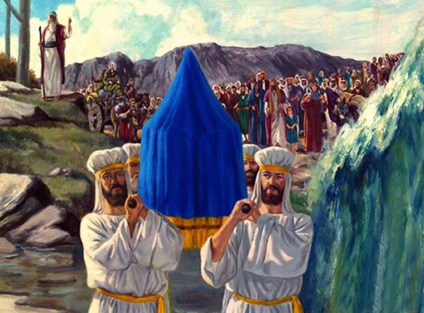 Priests of the tribe of Levi carry the Ark of the Covenant across the Jordan River, an illustration for the Shappley Report for September, 2014.