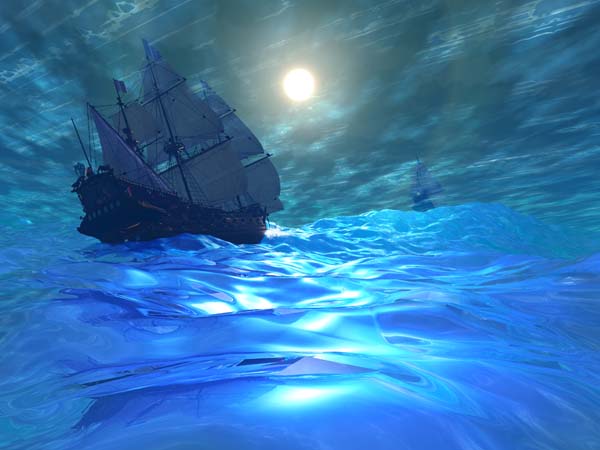 De azules variados predominantes, esta bella gráfica de un velero que se desliza sobre aguas ondulantes hacia el horizonte lejano donde el sol guinda en los cielos, ilustra la Ceremonia de boda intitulada El gran barco matrimonial.