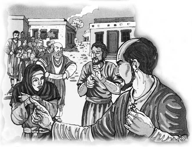 Un dibujo en blanco y negro de una fila de israelitas en Jerusalén en Pentecostés del año 30 que acuden para bautizarse, y frente a los candidatos uno de los apóstoles.