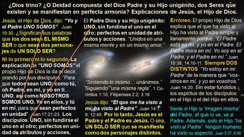 ¿Dios trino? ¿O Deidad compuesta del Dios Padre y su Hijo unigénito, dos Seres que existen y se manifiestan en perfecta armonía? Explicaciones de Jesús, el Hijo de Dios. Diapositiva de preguntas, respuestas y textos bíblicos relevantes, todo contra una gráfica del espacio profundo donde se destacan dos cuerpos de luz.