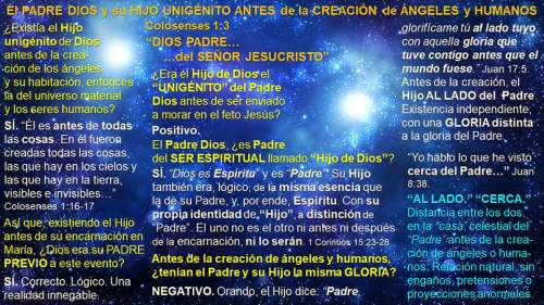 El Padre Dios y su Hijo Unigénito antes de la creación de ángeles y humanos, una diapositiva con preguntas, preguntas y textos bíblicos relevantes, contra el trasfondo espectacular del espacio.