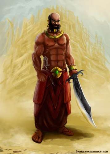 Pintura de un varón que representa a Nimrod parado, calvo, con barba, musculoso, vestido de una prenda púrpura, con una espada muy grande en su mano izquierda, y detrás de él, la Torre de Babel en tonos de amarillo, para el ensayo sobre aquel primer hombre grande de tiempos antiguos.