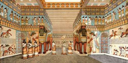 Pintura de una Concepción artística de la reconstrucción del interior del palacio de Tiglath-pileser III, rey sirio (Siglo VII antes de Cristo).