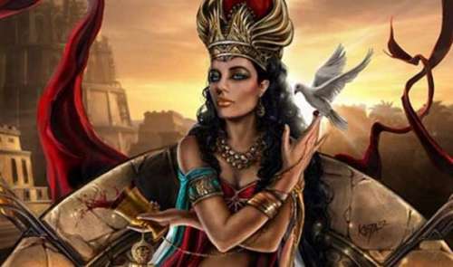 Una pintura que representa artísticamente a Semíramis, esposa de Nimrod, vestida de reina y sentada sobre un trono, descansando una paloma sobre los dedos de su mano derecha, con la Torre de Babel y edificios de la ciudad de Babilonia detrás de ella y todo contra un trasfondo de cielos dorados.