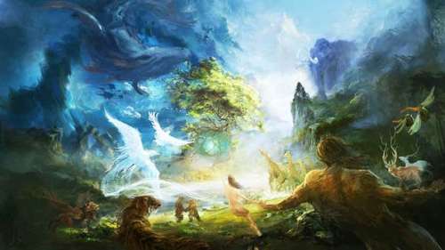 Una pintura artística de Adán y Eva saliendo del Huerto del Edén, con animales y aves alrededor de ellos.