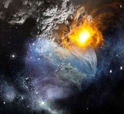 Una representación artística del espacio profundo con vapores, neblinas y nubes en primera plana y una luz fuertísima blanca en la distancia contra un trasfondo negro y azul estrellado.