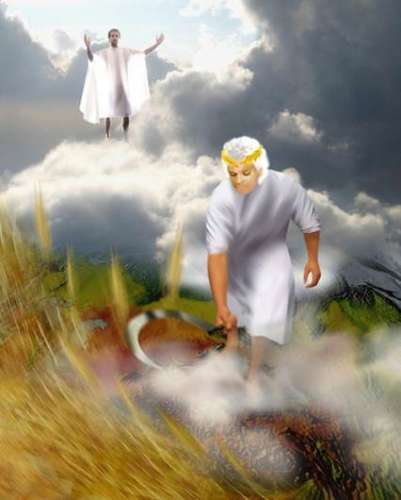Una pintura artística de un Ser celestial vestido de blanco parado sobre una nube y con una hoz aguda en la mano derecha, mientras observa otro Ser parado sobre una nube detrás de él.