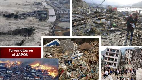 Un collage de fotografías de la destrucción masiva causada por terremotos en Japón.