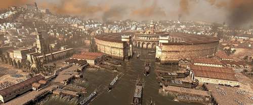 Una pintura de una gran ciudad romana con un enorme coliseo amenazada por espesas nubes de humo en la periferia norteña.
