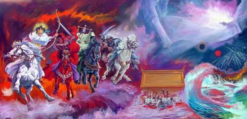 Pintura panorámica por Joe Maniscalco en la que se destacan los cuatro caballos, con sus ginetes, de los primeros cuatro sellos de Apocalipsis 