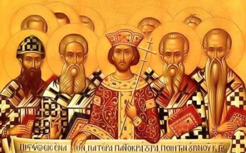 Una pintura artística estilo de la Edad Media del emperador romano Constantino el Grande con tres de los obispos principales para el Primer Concilio de Nicea.