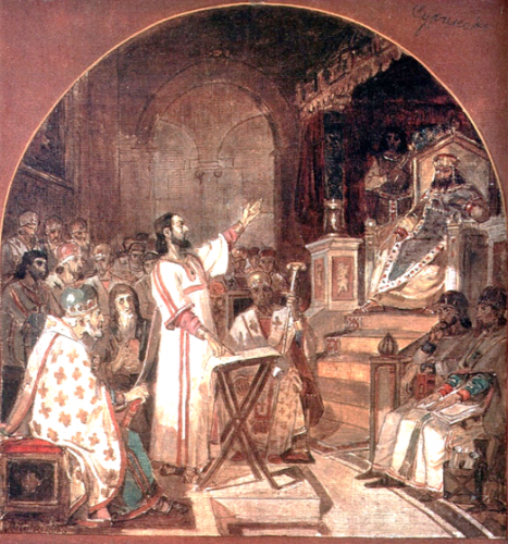 Una pintura de realismo impresionante del emperador romano Constantino el Grande sentado sobre su trono en Nicea donde preside el Concilio de Nicea, muchos obispos delante de él al pie del gran trono.