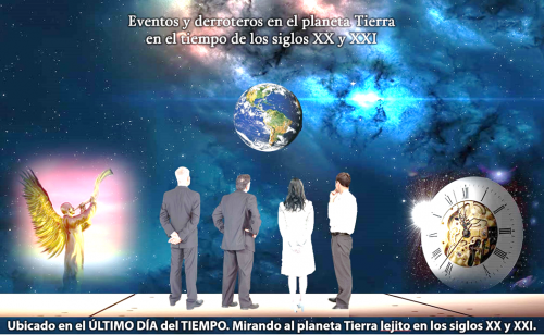 Imagen-diapositiva con tres varones y una dama parados de espalda sobre un superficie plana alta y contemplando en la lejanía al globo del planeta Tierra contra un trasfondo del espacio profundo en azules de distintos y luces celestiales, arriba del planeta el texto Eventos y derroteros en el planeta Tierra en el tiempo de los siglos XX y XXI, con un ángel de color oro que sostiene una trompeta y, en el lado opuesto, la cara blanca de un gran reloj cuyas manecillas marcan casi la medianoche.