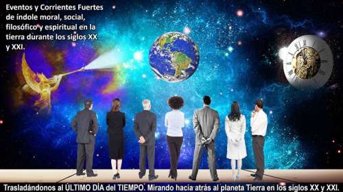 Una fotografía de una diapositiva PowerPoint de múltiples imágenes y textos breves, incluso de cuatro varones adultos y tres mujeres, todos de espalda, parados sobre una cornisa llana en el espacio y mirando hacia el globo del planeta Tierra suspendido contra cielos estrellados, mientras un ángel hacia la izquierda toca la última trompeta y un gran reloj hacia la derecha marca las 12 de la media noche.