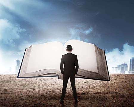 This graphic of a man standing before a very large open Bible against a backdrop of a city scape and space illustrates the Alphabetical Index of Subjects in Peace Publishers, with a link to a Page of Subjects for each letter of the alphabet.