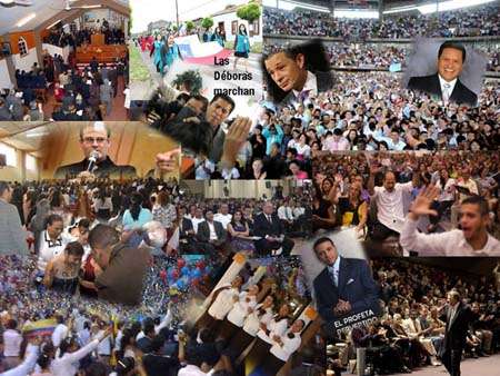 Collage de fotografías de asambleas nutridas de pentecostales y evangélicos, con fotos sobrepuestas de pastores, pastoras, profetas, etcétera; multitudes de oyentes con comezón de oír que se amontonan maestros conforme a sus propias concupiscencias.