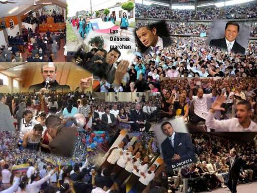Un collage de numerosas fotografías de asambleas nutridas de carismáticos religiosos con fotografías de sus maestros, pastores, predicadores, profetas y evangelistas sobrepuestas.