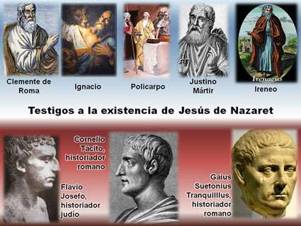 Esta imagen es un collage de representaciones gráficas de antiguo testigos a la existencia de Jesucristo en la tierra, entre ellos: Clemente de Roma, Policarpo, Ignacio, Ireneo, Justino Mártir, Flavio Josefo, Cornelio Tácito y Gaius Suetonius Tranquilllus. 