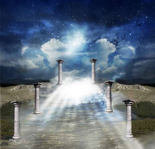 Columnas en cada lado de un camino encima de valles y montañas áridas, con rayos de luz blanca en la superficie, los que conducen a regiones celestiales, componen una gráfica que representa la esperanza de “la creación que gime a una”, ansiando “la libertad gloriosa de los hijos de Dios”.
