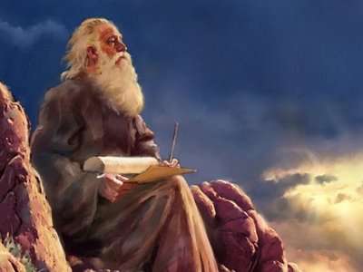 Esta pintura representa al profeta Isaías sentado en una peña alta y contemplando los cielos de nubes grisásecas y tonalidades de oro mientras escribe sobre “nuevos cielos y nueva tierra” para el pueblo de Israel.