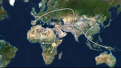 En este mapa del mundo se traza la expansión a través de los continentes de las especies de homínidos y humanos, comenzando con la Eva científica y el Adán científico, desde un punto en el centro de África, ilustración para El reloj molecular, tema presentado por medio de diez imágenes (diapositivas) en editoriallapaz.