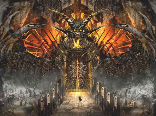 Las Puertas del Infierno es el título de esta espantosa gráfica, ilustración para el tema Satanás suelto, engaña a las naciones durante el poco de tiempo, en editoriallapaz.org.