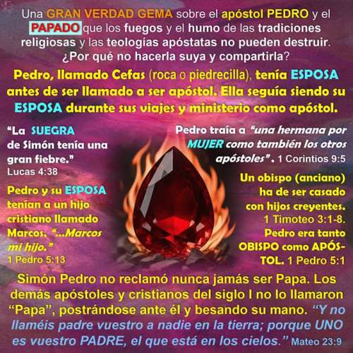 En el centro de esta creación artística, se destaca un rubí oscuro grande en medio de llamas de fuego contra un trasfondo abstracto de tonalidades de púrpura y rojo claro, rodeado el rubí por textos concisos sobre el apóstol Pedro y el Papado.