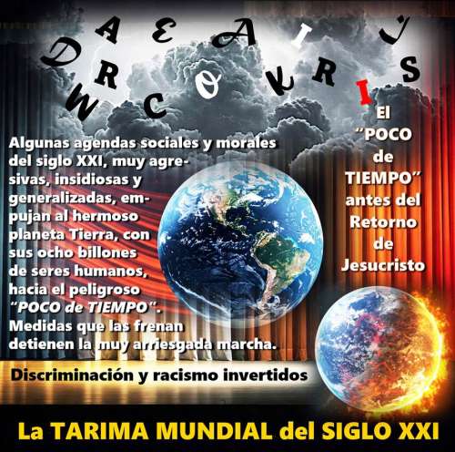 Una toma de pantalla de una imagen PowerPoint que representa la Tarima Mundial del siglo XXI mediante cortinas azules, grisáceas y rojas, dos vistas del planeta Tierra, nubes de tormenta y textos concisos.