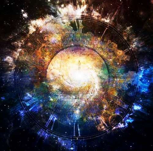 Imagen de la cara de un gran reloj con números romanos disolviéndose en el espacio y en el centro la silueta de un ser humano que, dejando el tiempo material atrás. se introduce en la eternidad, habiendo recibido nuevo cuerpo glorioso e inmortal.